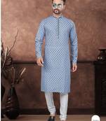 Blue digital printed full embroidery chikankari thread work kurta pajama set