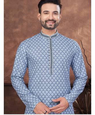 Blue digital printed full embroidery chikankari thread work kurta pajama set 2