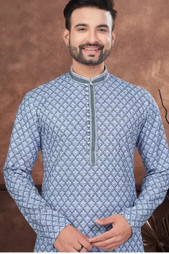 Blue digital printed full embroidery chikankari thread work kurta pajama set