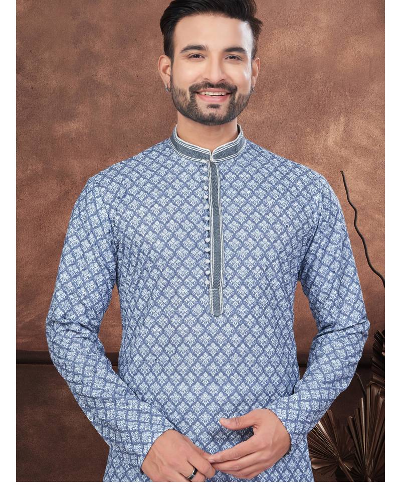 Blue digital printed full embroidery chikankari thread work kurta pajama set
