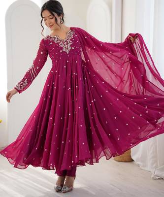 Magenta faux georgette embroidered flared gown set 1