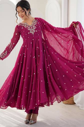 Magenta faux georgette embroidered flared gown set