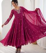 Magenta faux georgette embroidered flared gown set