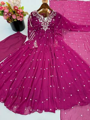 Magenta faux georgette embroidered flared gown set 2