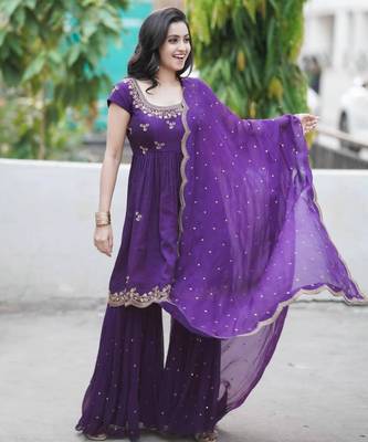 Purple silk blend embroidered sharara set 1