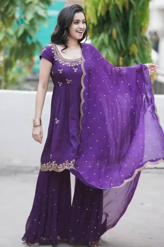 Purple silk blend embroidered sharara set
