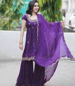 Purple silk blend embroidered sharara set