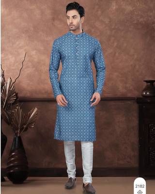 Dark blue digital printed full embroidery chikankari thread work kurta pajama set 1