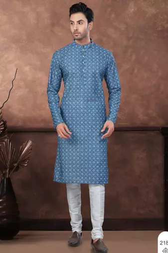 Dark blue digital printed full embroidery chikankari thread work kurta pajama set