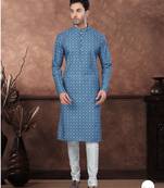 Dark blue digital printed full embroidery chikankari thread work kurta pajama set