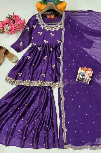 Purple silk blend embroidered sharara set