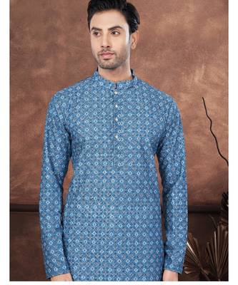 Dark blue digital printed full embroidery chikankari thread work kurta pajama set 2