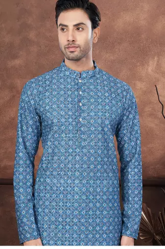 Dark blue digital printed full embroidery chikankari thread work kurta pajama set