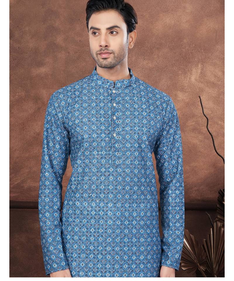 Dark blue digital printed full embroidery chikankari thread work kurta pajama set