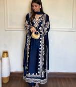 Navy-blue silk blend embroidered kurta set
