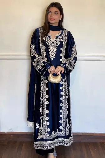 Navy-blue silk blend embroidered kurta set