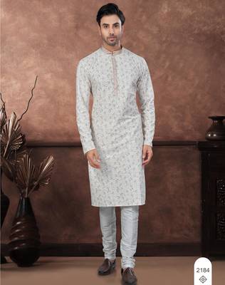 Off white digital printed full embroidery chikankari thread work kurta pajama set 1