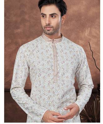 Off white digital printed full embroidery chikankari thread work kurta pajama set 2