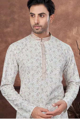 Off white digital printed full embroidery chikankari thread work kurta pajama set