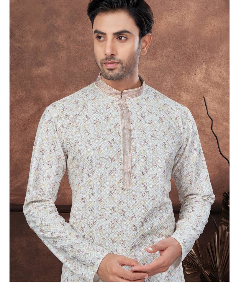 Off white digital printed full embroidery chikankari thread work kurta pajama set