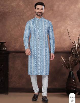 Blue digital printed full embroidery chikankari thread work kurta pajama set 1