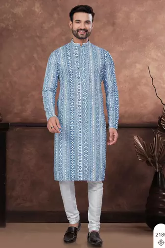Blue digital printed full embroidery chikankari thread work kurta pajama set