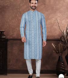Blue digital printed full embroidery chikankari thread work kurta pajama set
