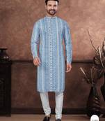 Blue digital printed full embroidery chikankari thread work kurta pajama set
