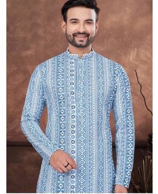 Blue digital printed full embroidery chikankari thread work kurta pajama set 2
