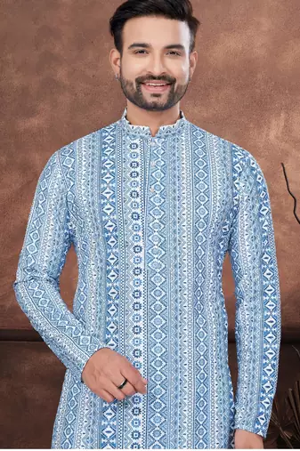 Blue digital printed full embroidery chikankari thread work kurta pajama set