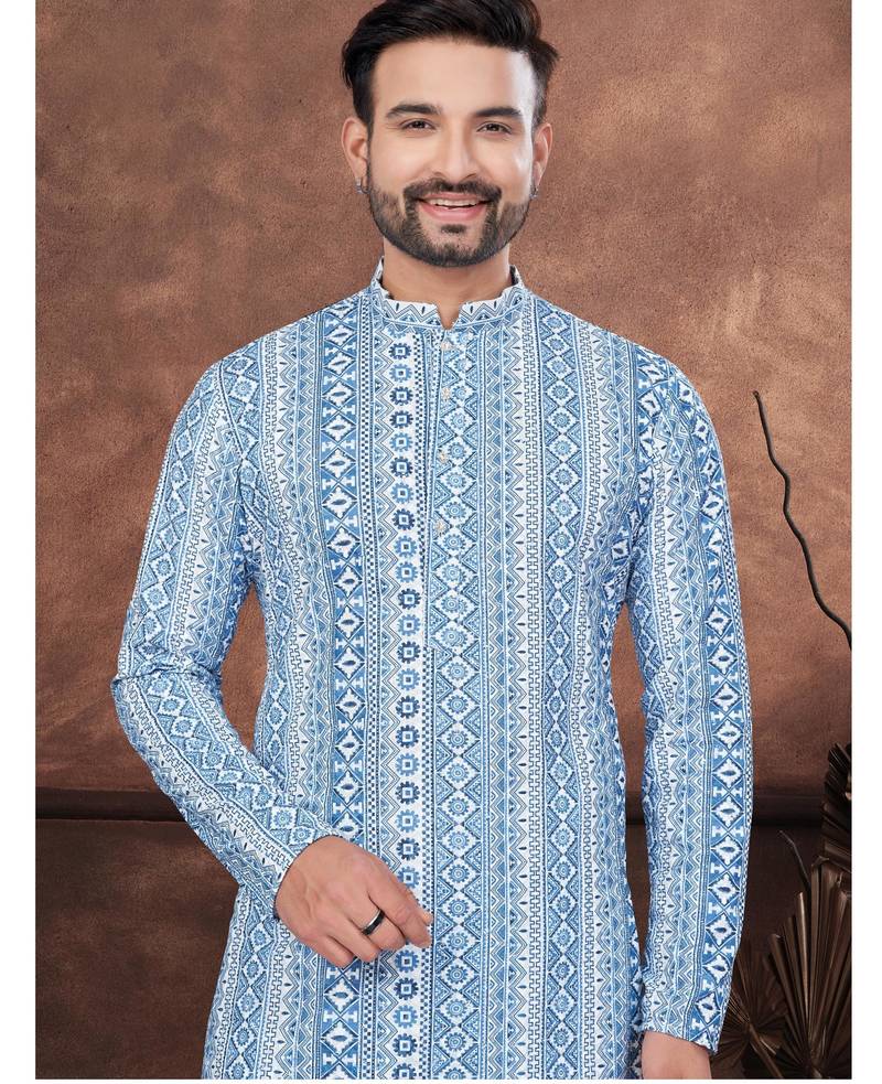 Blue digital printed full embroidery chikankari thread work kurta pajama set