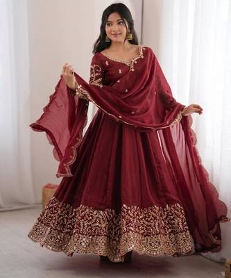 Wine silk blend embroidered flared gown set 1