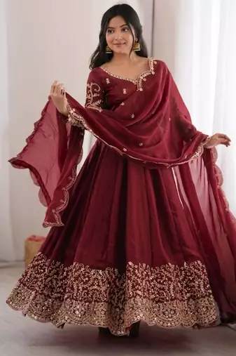 Wine silk blend embroidered flared gown set