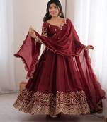 Wine silk blend embroidered flared gown set
