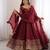 Wine silk blend embroidered flared gown set