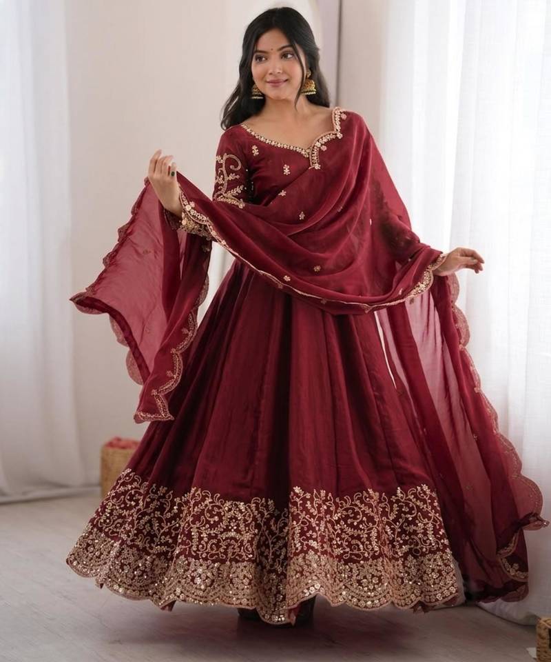 Wine silk blend embroidered flared gown set