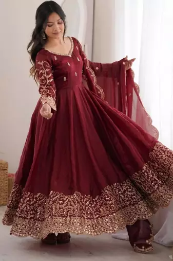 Wine silk blend embroidered flared gown set