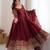 Wine silk blend embroidered flared gown set