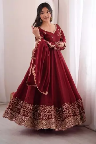 Wine silk blend embroidered flared gown set