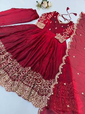 Wine silk blend embroidered flared gown set 4