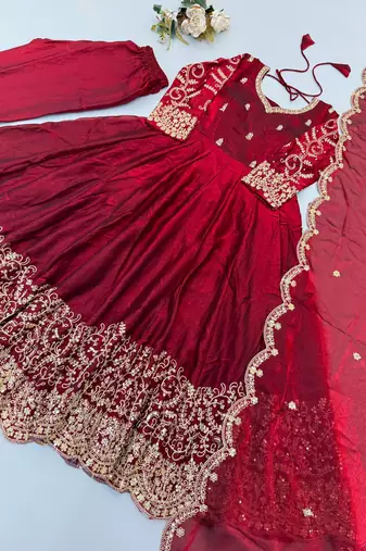 Wine silk blend embroidered flared gown set