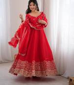 Red silk blend embroidered flared gown set
