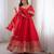 Red silk blend embroidered flared gown set