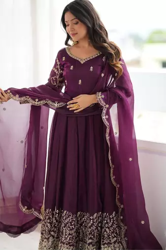 Purple silk blend embroidered flared gown set
