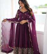 Purple silk blend embroidered flared gown set