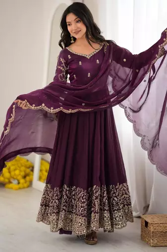 Purple silk blend embroidered flared gown set
