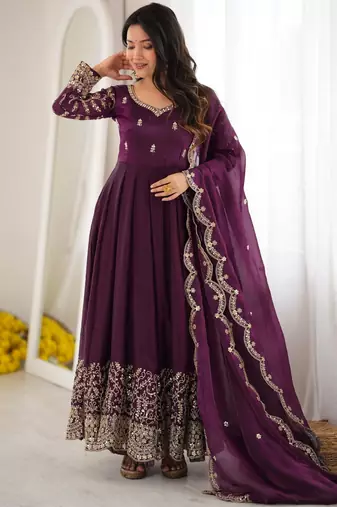 Purple silk blend embroidered flared gown set