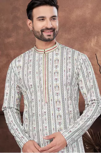 Multicolour digital printed full embroidery chikankari thread work kurta pajama set