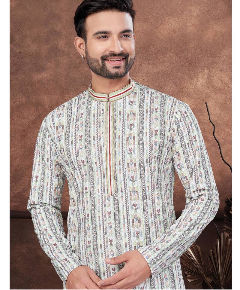 Multicolour digital printed full embroidery chikankari thread work kurta pajama set