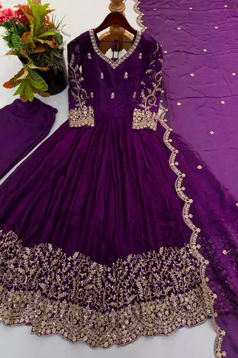 Purple silk blend embroidered flared gown set